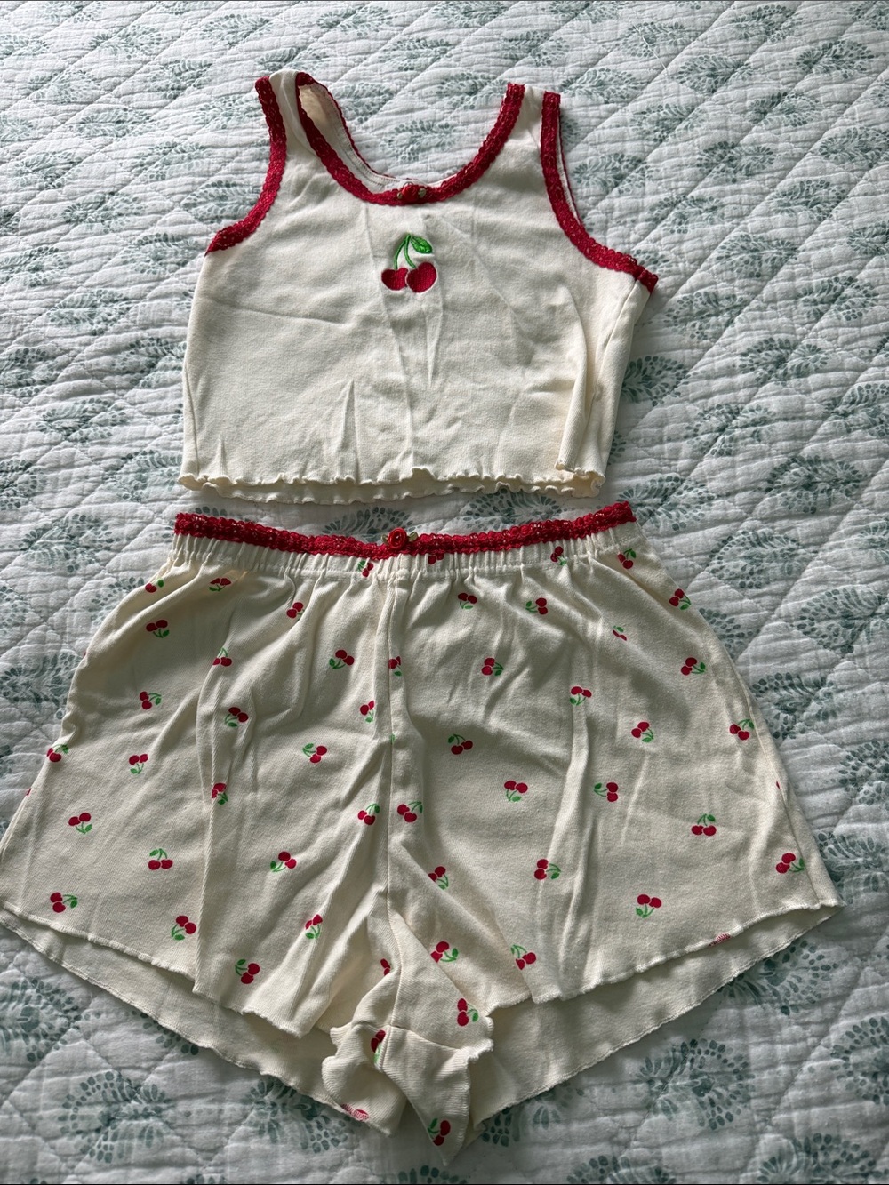 Cream and Red Cherry Pajama Set - Tank Top & Shorts